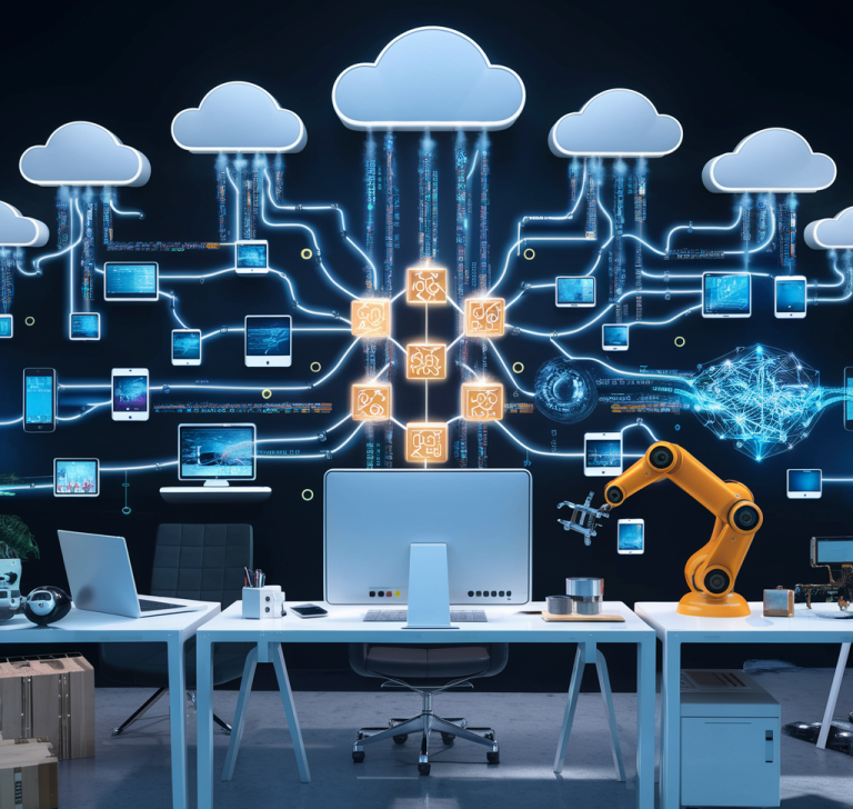 Cloud-Computing Symbolische Darstellung von Cloud-Computing: mehrere Wolken-Icons, die über digitale Datenströme mit verschiedenen Computern und Geräten.
