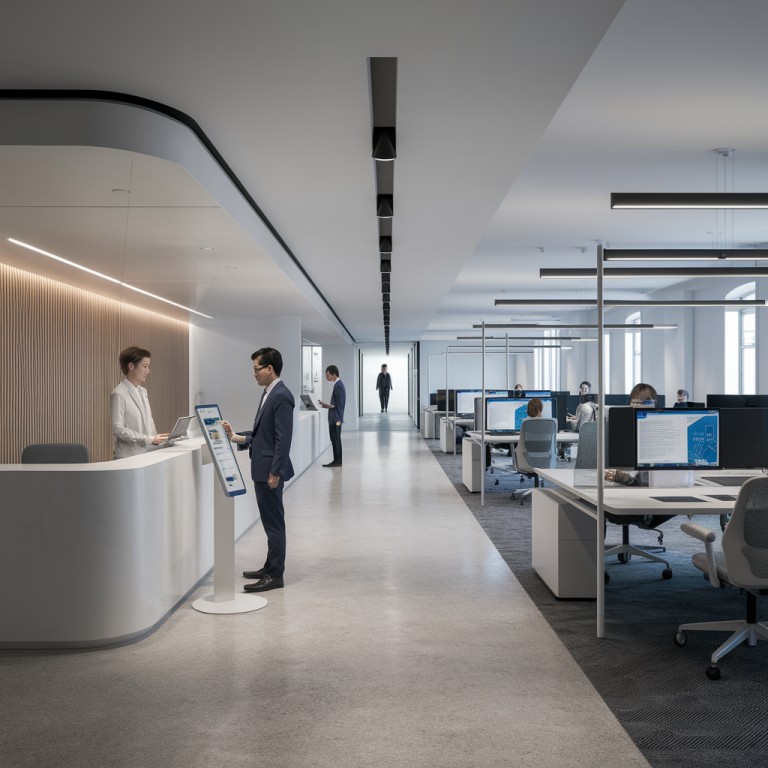 Büro Helles, modernes Büro einer Steuerberatungskanzlei mit Empfang und Arbeitsplätzen.